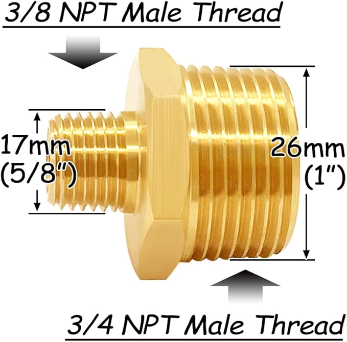 3PCS Brass Reducer Adapter, 3/8" NPT Male to 3/4" NPT Male Thread, Hex Reducing Pipe Fitting Coupler Nipple Connector for Water/Oil/Gas
