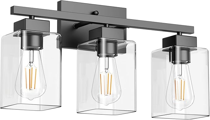 PARTPHONER 3-Light Bathroom Light Fixtures, Matte Black Modern Vanity Lights, Bathroom Lighting Fixtures Over Mirror, Square Design Farmhouse Wall Sconces with Clear Glass Shades
