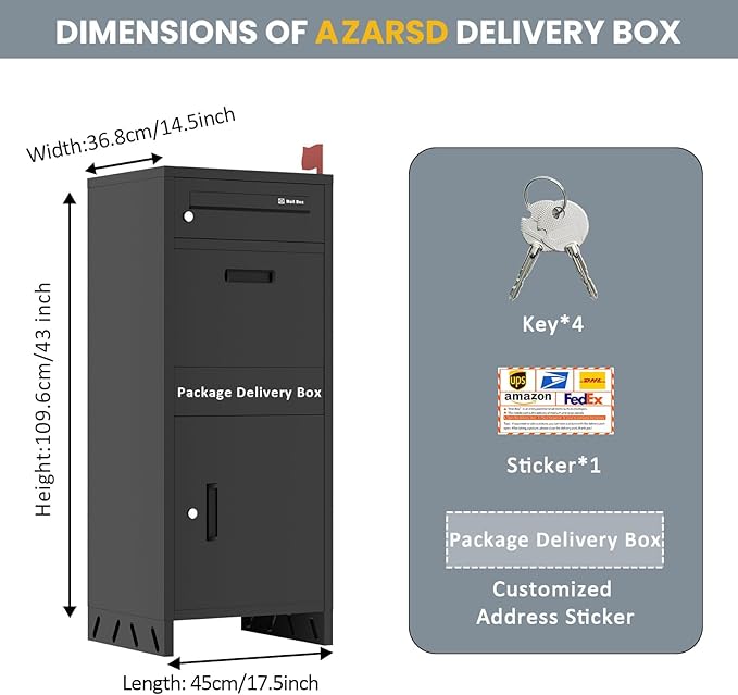 Package Delivery Boxes for Outside, Parcel Drop Boxes with Lock, Custom Address Stickers Package Drop Boxes for Outside is Weatherproof,Package Delivery Box for Porch,Need to Install (14.5*17.5*43 in)