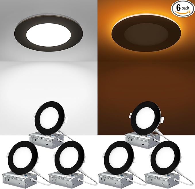 ZYC Canless LED Recessed Lighting 4 Inch 6 Pack 5CCT Ultra-Thin Downlight Lights with Night Light Mode,9W 800LM Dimmable Retrofit Wafer Recessed Ceiling Light,1800K to 5000K