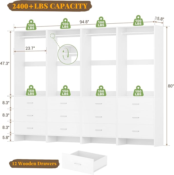 Aheaplus Closet System Closet Organizer, Wood Closets Organizer System, Walk-in Closet or Wardrobe, Clothes Rack with Hanging Rods, 8FT Closets, Set of 4, White