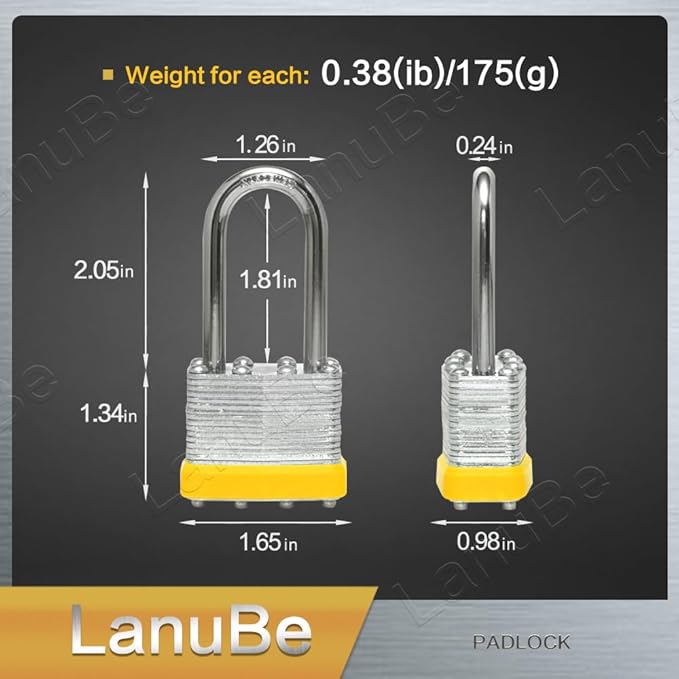 LanuBe Lock Laminated keyed Padlock (1-9/16", 40mm), keyed Alike Locks, Long Shackle,Marked Yellow Plastic Hoop, Pack of 6