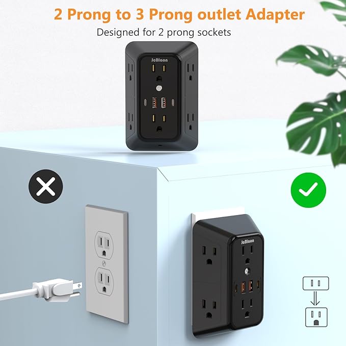 Surge Protector Outlet Extender, 6 Outlet Extender with 4 USB Charging Ports (2 USB C), 3 Sided Multi Plug Wall Adapter for Home, Office, Travel-2 Pack,Black