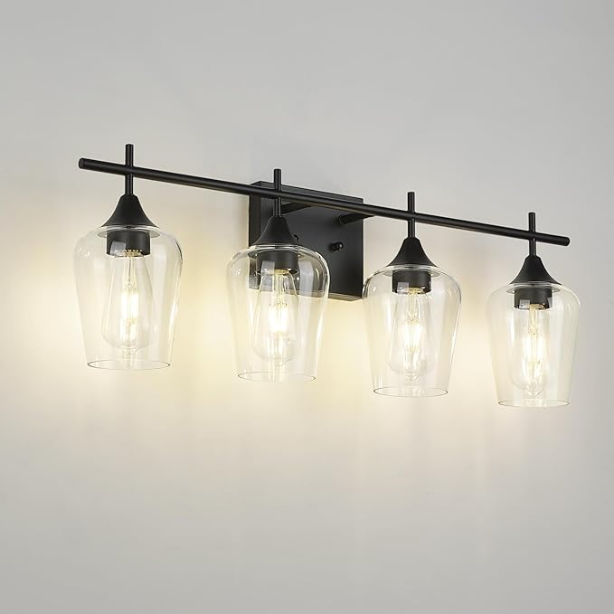4-Light Bathroom Vanity Lights Over Mirror, 24 Inch Black Vanity Light for Bathroom, Modern Bath Wall Sconce Lighting with Clear Glass, WL9167-4B