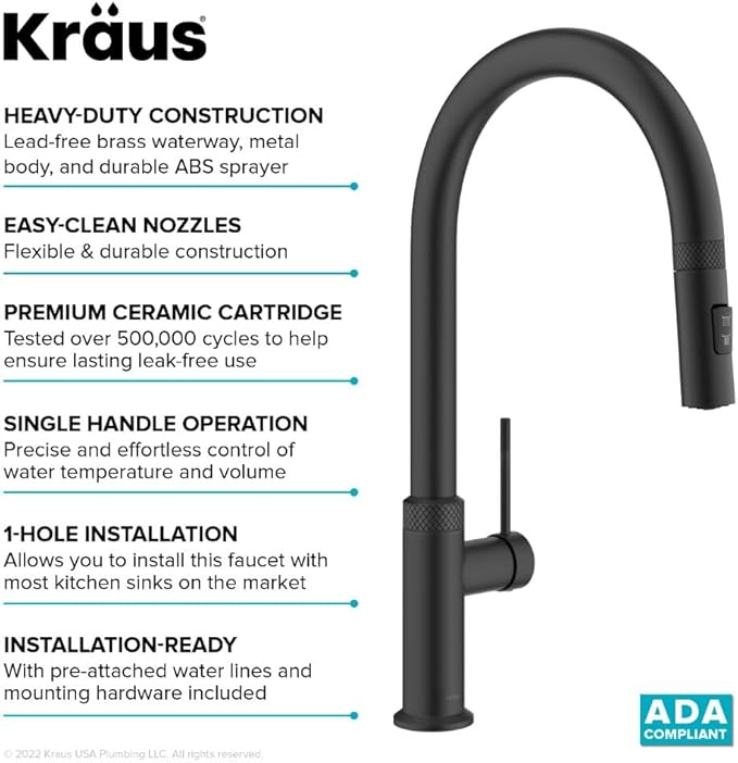 KRAUS Oletto Modern Industrial Pull-Down Single Handle Kitchen Faucet in Matte Black, KPF-2654MB
