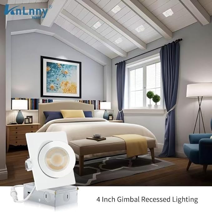 Square GimbalRecessed Lighting 4 Inch 6 Pack, Ajustable Eyeball recessed Light with Junction Box,5 Color Selectable,Airtight,9W 750LM,Dimmable,White