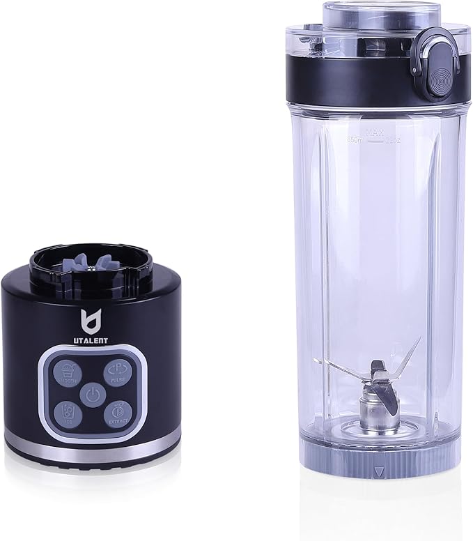 UTALENT Cordless Portable Blender, 25 oz removable Vessel，Powerful Personal Blender, for Smoothies, Ice Crush, 4 Programs, Leakproof-Lid & Sip Spout, USB-C Rechargeable, Dishwasher Safe Parts, Black