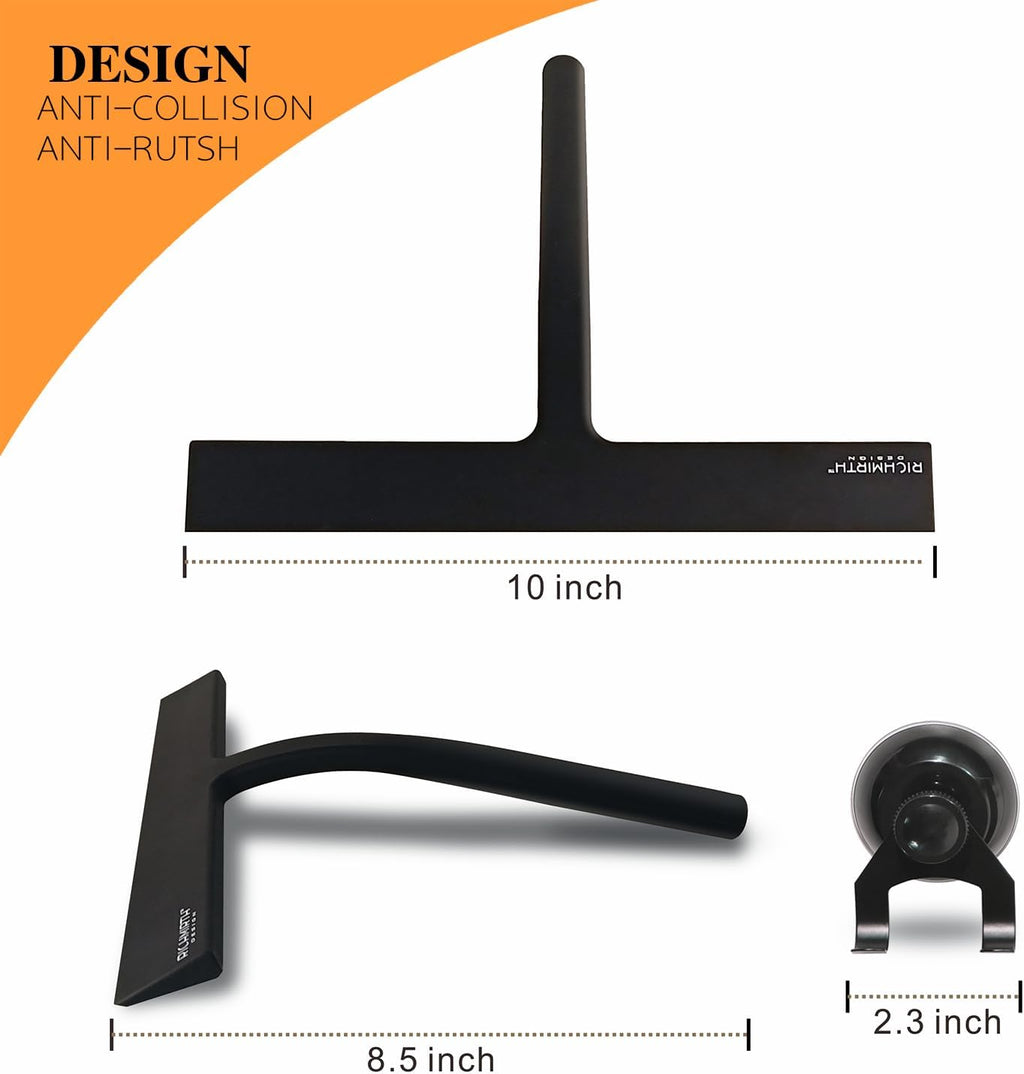 Shower Squeegee for Glass Doors 10" - All Purpose Squeegee for Window Bathroom Glass Mirror Bathroom Tile with Suction Cup Hooks - Black