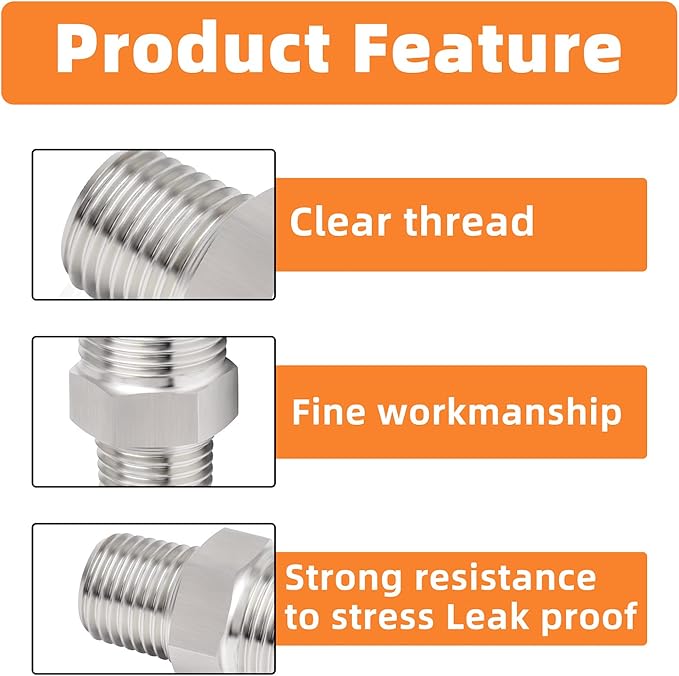 GASHER 4PCS 304 Stainless Steel Pipe Fitting, Hex Nipple Hex Coupling, 1/2" x 1/2" NPT Male Thread Pipe, 1/2Inch x 1/2Inch NPT Female Thread Pipe