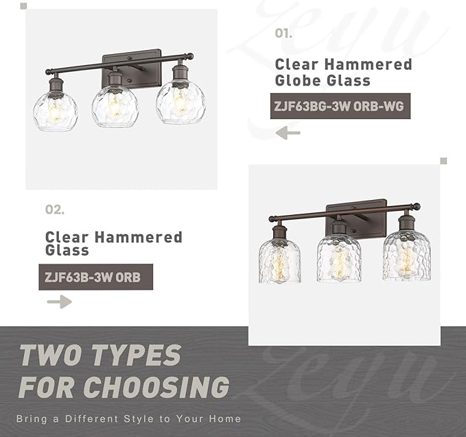 zeyu Farmhouse 3 Light Vanity Lighting, 21.4'' Bathroom Mirror Wall Light, Oil Rubbed Bronze Finish with Clear Hammered Globe Glass, ZJF63BG-3W ORB-WG