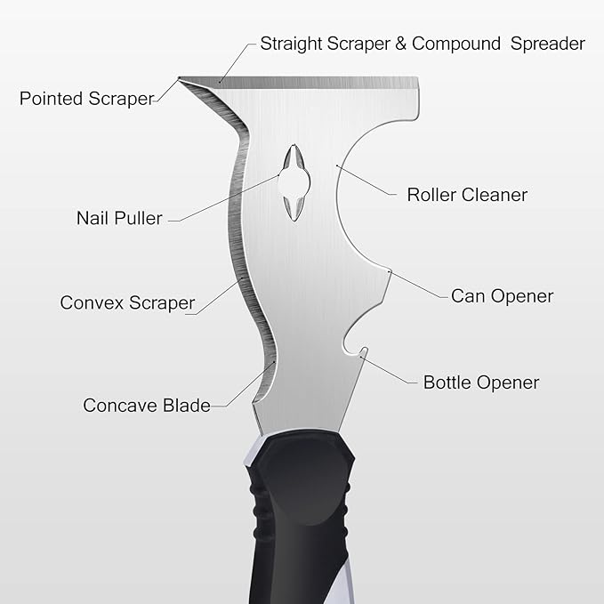 Mister Rui 10 in 1 Putty Knife - Multi Use Painters Tool, Taping Knife, Paint & Metal Scraper with Hammer End, Razor Blade Spackle Tool