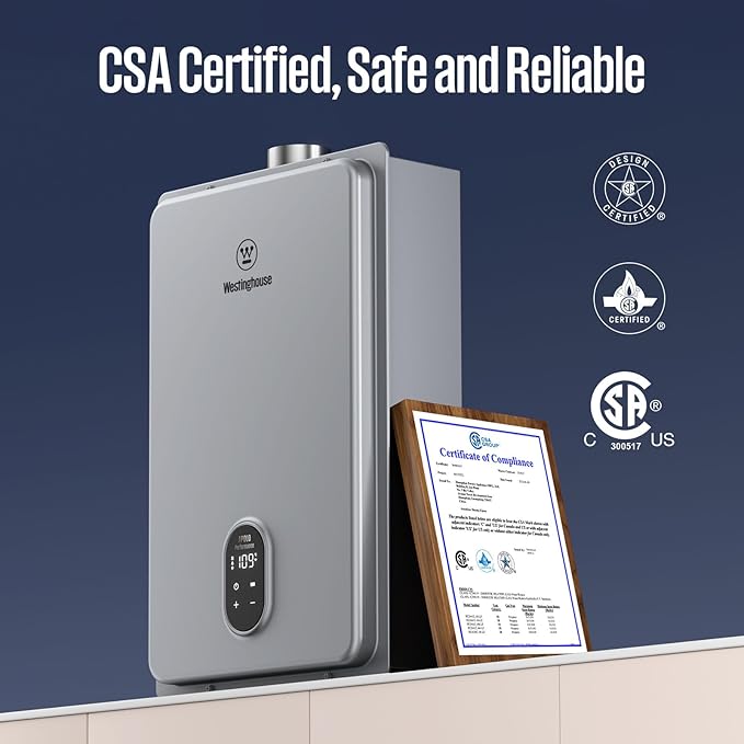 Westinghouse Natural Gas Tankless Water Heater Indoor Installation Max 5.1 GPM 120,000 BTU, WIFI Enable Temp Self Modulating Non Condensing High Efficiency for House or Commercial, APOLO Performance