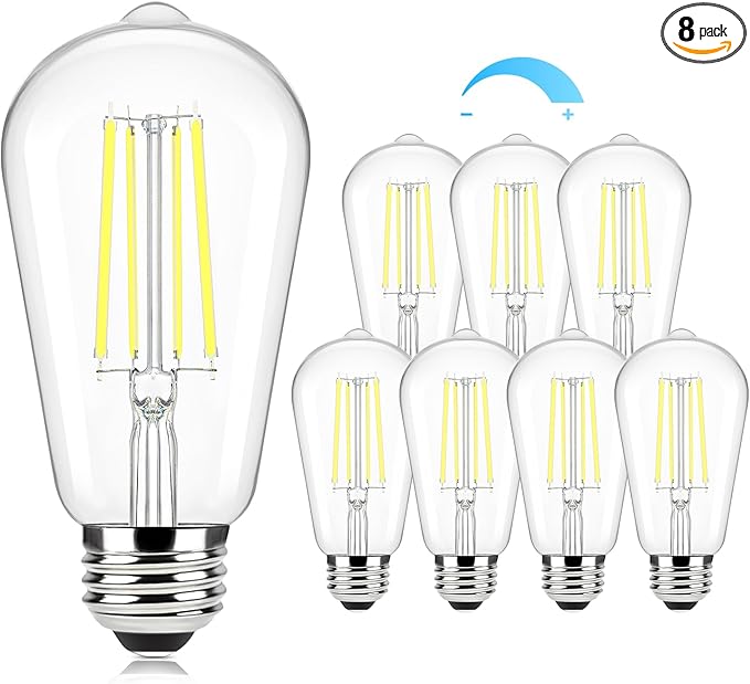 Brightever Edison Light Bulbs 60W Equivalent, Dimmable Light Bulbs, 7W, 850LM Vintage E26 LED Bulb 5000K Daylight White, 90+CRI, ST58 Clear Glass Antique LED Filament Bulb for Porch, 8 Pack