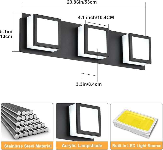 3-Light Bathroom Lighting Fixtures Over Mirror (5CCT, Dimmable), Black Led Modern Vanity Light for Bathroom (3000K/3500K/4000K/5000K/6000K)