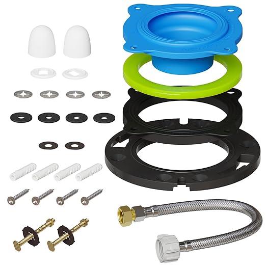 Toilet Flange Repair Kit with Wax-Free Seal – Extra-Long 3.22” Brass Bolts, Dual Spacers & Complete Hardware, Bonus 16” Stainless Steel Hose – Universal Toilet Seal Replacement Kit for 3”/4” Drains
