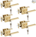 EHOMEWARE 5 Pcs Satin Brass Door Handles, Interior/Exterior Door Knobs with Lock and Key, Gold Entry Door Levers for Bedroom Bathroom or Front Doors, Heavy Duty Modern Door Hardware