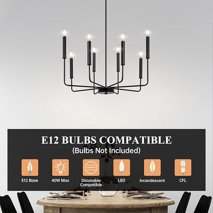 Qamra Farmhouse Black Chandelier for Dining Room, 8-Light Modern Candle Chandelier Light Fixture, Rustic Industrial Hanging Chandeliers Lighting for Living Room, Kitchen, Staircase, Entryway, Foyer
