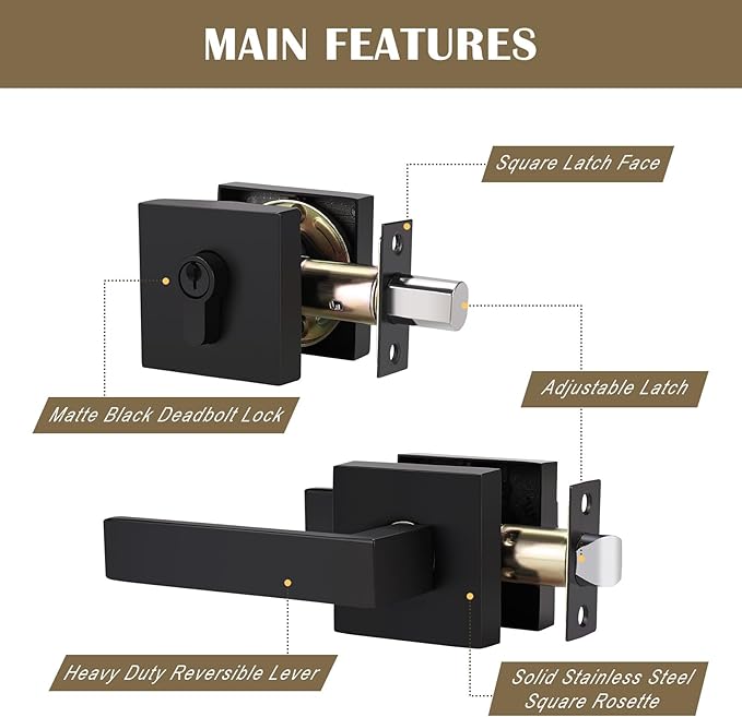 3 Pack Keyed Entry Door Lock with Deadbolt Set, Reversible Passage Lever and Keyed Alike Single Cylinder Deadbolt, Black Front Door Handle, Matte Black Square Handleset for Bedroom, Front Door