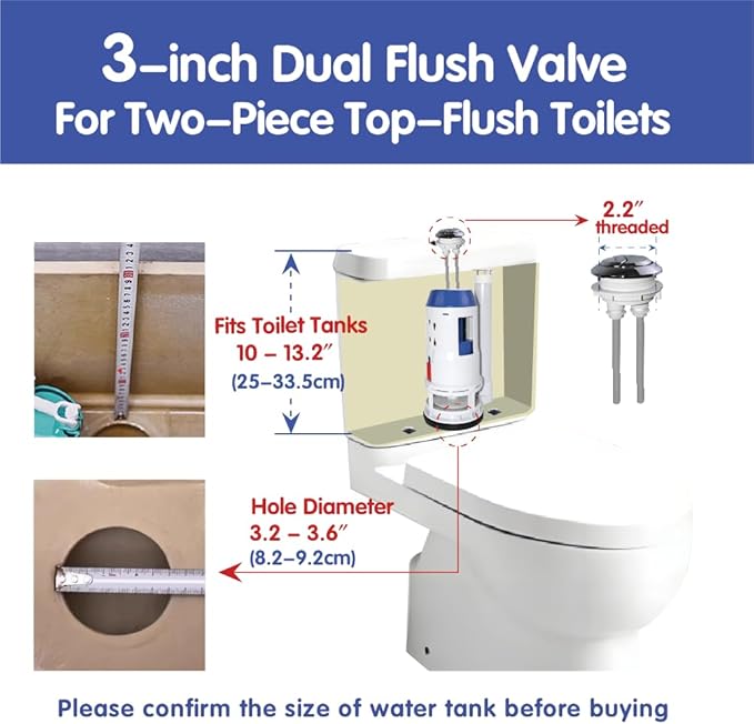 3-Inch Dual Flush Valve Repair Kit for 2-Piece Toilets, Top Push Toilet Repair Kit, Inside Tank Dual Flush Valve Replacement Kit, Includes Valve, Button, Gasket, Bolt