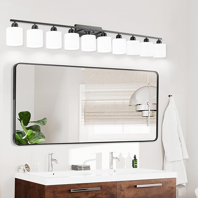 10 Light Black Vanity Lights for Giant Mirror, Bathroom Vanity Lights Over Mirror with Milky White Frosted Glass Shades,65 inch Bathroom Light Fixture for Mirrors, E26