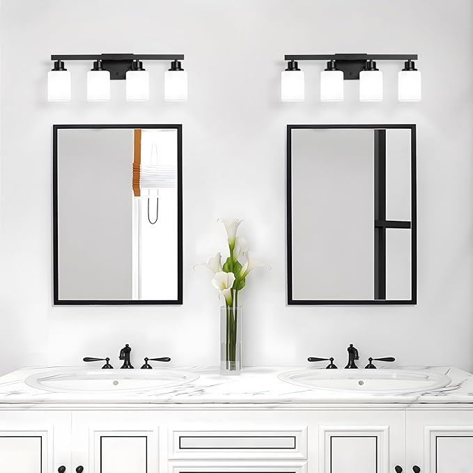 4-Light Bathroom Vanity Light, Modern Matte Black Bathroom Light Fixtures with Square Frosted Glass, Wall Sconces fixtures Over Mirror Restroom,Living Room Hallway E26