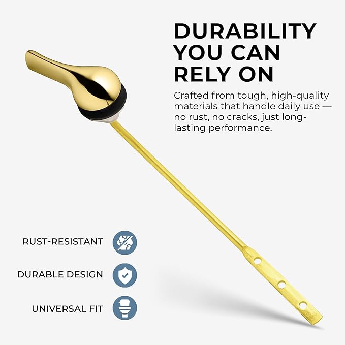 Qualihome Gold Toilet Handle - Front Mount Polished Brass Toilet Flush Handle Lever Replacement - Universal Fit - Durable Design - Easy Installation - Ideal for Most Front Mount Toilets