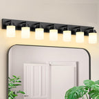 IZORRO Bathroom Vanity Light Fixture, 7-Light 51 Inch Matte Black Bathroom Light Fixtures Over Mirror, with White Glass Shade, Modern Farmhouse Vanity Lights, Rustic Restroom Lighting Fixtures