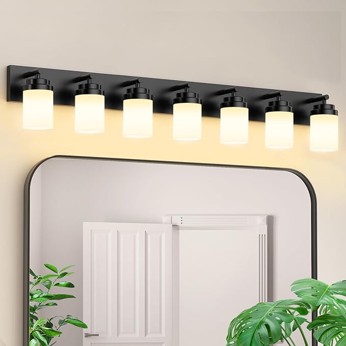 IZORRO Bathroom Vanity Light Fixture, 7-Light 51 Inch Matte Black Bathroom Light Fixtures Over Mirror, with White Glass Shade, Modern Farmhouse Vanity Lights, Rustic Restroom Lighting Fixtures