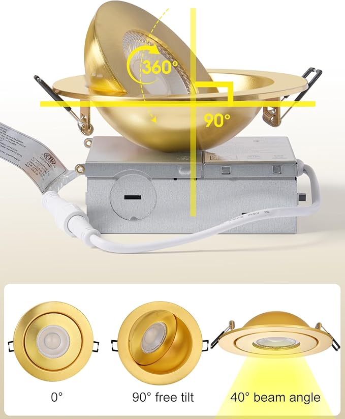 4 inch LED Recessed Light - 9W Gold Gimbal Recessed Lighting Canless Soffit Swivel Eyeball 90° Tilt Wafer Slope Ceiling Adjustable Spotlight Dimmable for Accent Lighting Gold 6 Pack