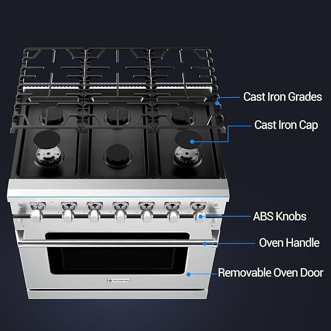 AAOBOSI 36 Inch Front Control Gas Range Oven with 6 Cooktop Burners, 6 Cu. Ft 18000 BTU Convection and Self Clean, Freestanding Heavy Duty Gas Range Stove with Halogen Light,Large Capacity,Silver