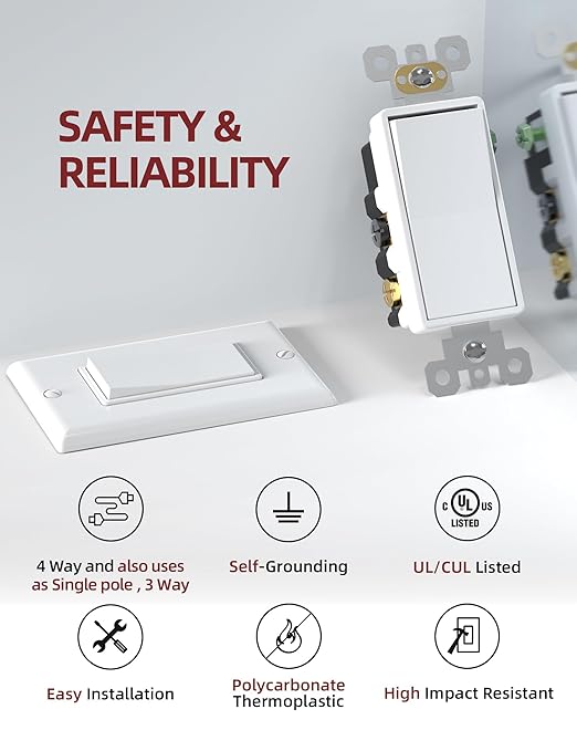 AIDA 4 Way Switch Decorative Light Switch, 15Amp, 120/277 Volt, 4 Way Decorative Light Rocker Switch Replacement, Wall Plate Included, Residential Grade, UL Listed (10 Pack, Glossy White)