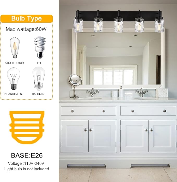 BONLICHT Modern Bathroom Lighting Over Mirror 5-Lights Rustic Bath Vanity Wall Mounted Light Fixtures Black Farmhouse Wall Sconce Lamp with Clear Hammered Glass Shade for Kitchen Living Room Hallway