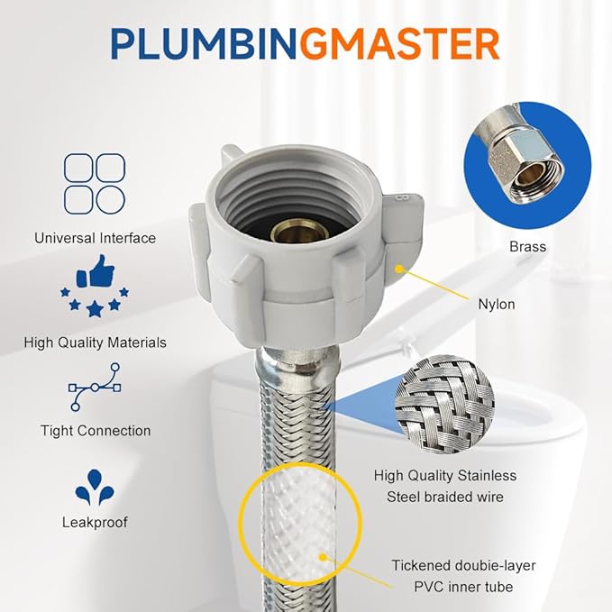 (12pcs 12 inch) PLUMBINGMASTER Toilet Water Supply Line,3/8" Comp x 7/8" BC Braided Stainless Steel Toilet Supply Line,Toilet Connector Hose with Anti-Leaking Brass Nut