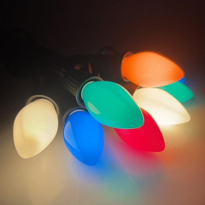 C7 Ceramic Christmas Replacment Bulbs, 25 Pack Multicolor Light Bulbs for E12 Candelabra Base Outdoor/Indoor String Lights, 5 Watt