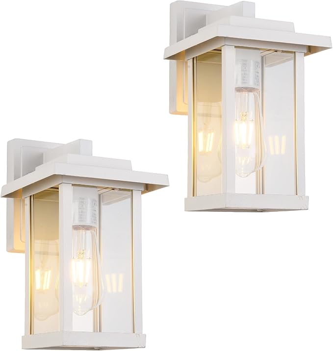 Outdoor Wall Sconce, Outside Porch Light Fixtures, Anti-Rust Exterior Wall Lights in Matte White Finish with Clear Glass for Garage Doorway Entryway, 2 Pack