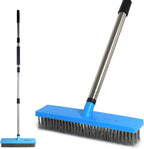 Stainless Steel Wire Broom Deck Scrubber Brush with 55” Adjustable Length Sturdy Long Handle, Stainless Steel Outdoor Broom for Cleaning Moss Concrete Floors Grout Gardens Patios