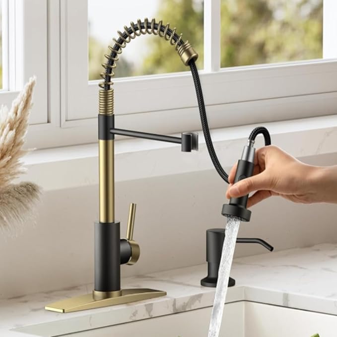 Smart Touch On Kitchen Faucet, 3 Modes Pull Down Sprayer, Sensor Activated, Ceramic Disc Valve, 360-Degree Rotation, 1 or 3 Hole Deck Plate. 10-Year Warranty. (KW-62GR, Brushed Gold/Black)
