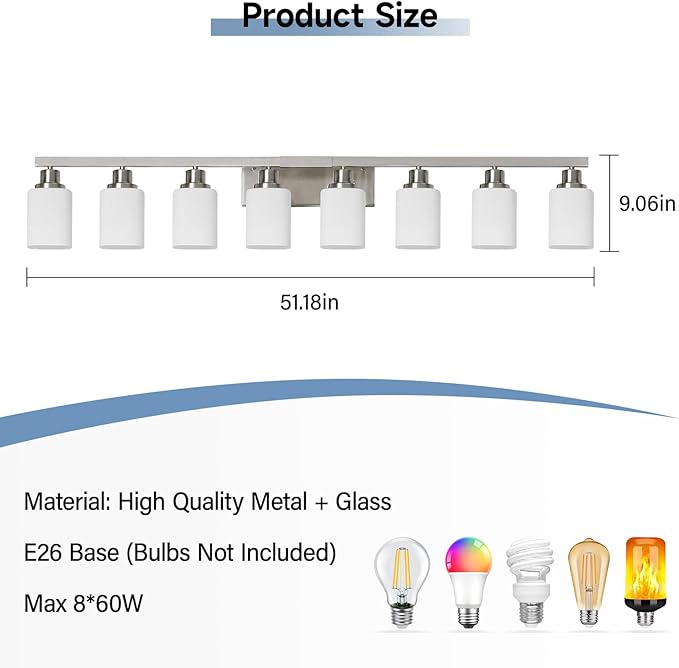 8-Light Bathroom Vanity Light,Brushed Nickel Vanity Lights with Square Frosted Glass,Modern Wall Lights Fixtures Over Mirror,Wall Sconces Lighting for Bedroom Living Room,E26