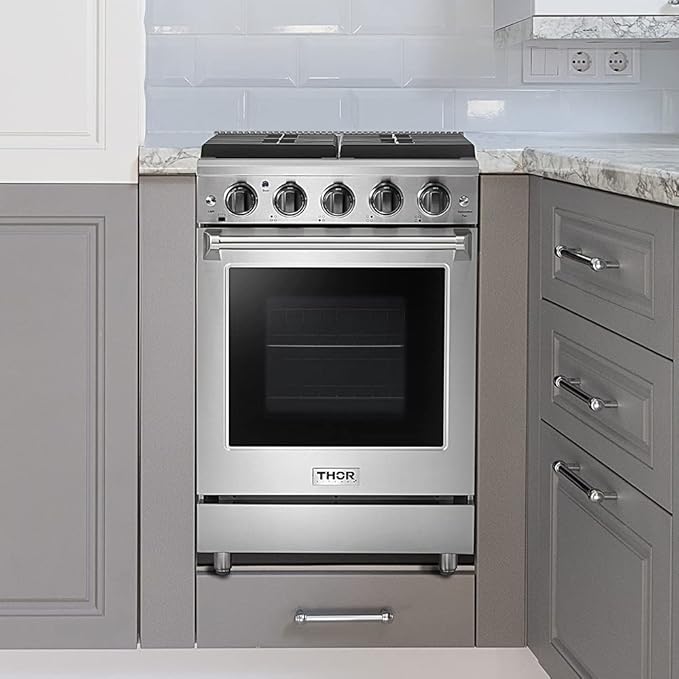 Thor Kitchen 24 in. Freestanding Gas Range LRG2401U with 4 Sealed Burners, 3.7 cu. ft. Oven, Storage Drawer, Cast Iron Grate in Stainless Steel