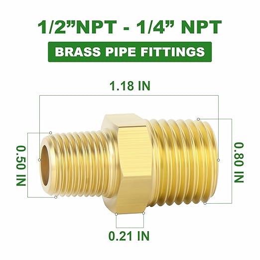 TAISHER 8PCS Brass Pipe Fitting, Reducer Adapter, Hex Nipple, 1/2-Inch Male Pipe x 1/4-Inch Male Pipe