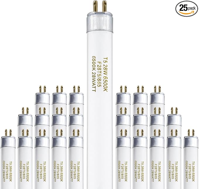 46 Inches F28T5/865/ECO 6500K, T5 28 Watts Fluorescent Light Bulb Daylight, T5 Fluoerscent Tube, Medium Bi-Pin Base, 2550 Lumens CRI 85 25 Pack