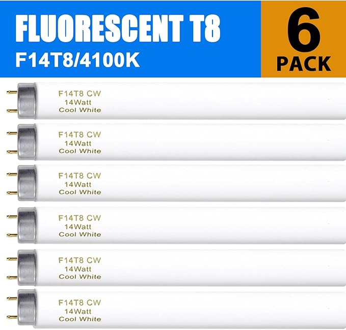 amgolibi F14T8/CW 14W Fluorescent Tube, T8 Fluorescent Light Bulb 4100K 14 Watt, 15 Inches, G13 Medium Base, 650 Lumen, 6 Pack