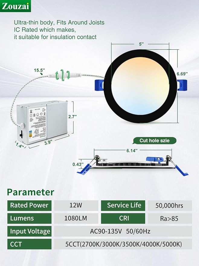 zouzai 20 Pack 6 Inch Black Ultra-Thin LED Recessed Ceiling Light with Junction Box 5CCT Adjustable Dimmable Can-Killer Downlight - ETL and Energy Star Certified