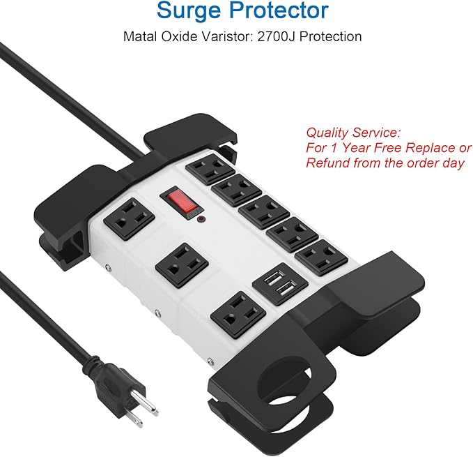 Heavy Duty Power Strip with USB, Workshop 8 Outlet Surge Protector 2700 Joules, Grey Industrial Metal 15Amp Power Strip, 12 FT Extension Cord and Wide Spaced.