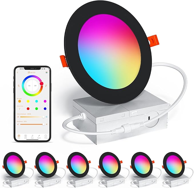 Black Smart Recessed Lighting 6 Inch RGBCW Color Changing 16W LED Downlight with Junction Box,1350 Lumen Recessed Ceiling Light Compatible with Alexa,Dimmable by Bluetooth Control -6Pack