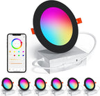 Black Smart Recessed Lighting 6 Inch RGBCW Color Changing 16W LED Downlight with Junction Box,1350 Lumen Recessed Ceiling Light Compatible with Alexa,Dimmable by Bluetooth Control -6Pack