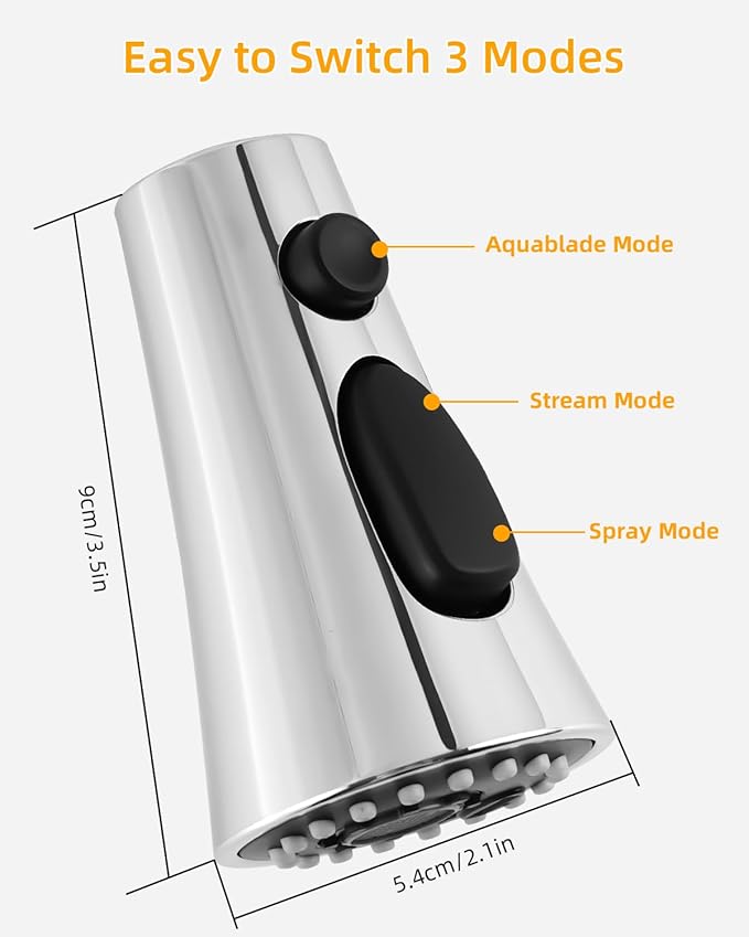 Hibbent Kitchen Sink Faucet Head Replacement, NSF/ANSI/CAN 61 & CUPC Certified, 3-Function Pull Down Sprayer Nozzle with 15 Adapters, Compatible with Delta, Kohler, Moen Faucets, Chrome (Silver)