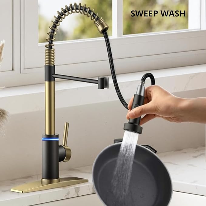 Smart Kitchen Faucet, 3 Modes Pull Down Sprayer, Touch On Sensor Activated, LED Temperature Control, 360-Degree Rotation, 1 or 3 Hole Deck Plate. 10-Year Warranty. (KW-66GR, Brushed Gold/Black)
