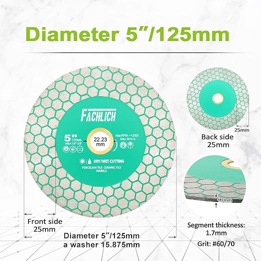 Diamond Tile Saw Blade 5" 125mm 2pcs Cutting Wheel for Cutting and Grinding Porcelain Ceramic Tile Marble Artificial Stone