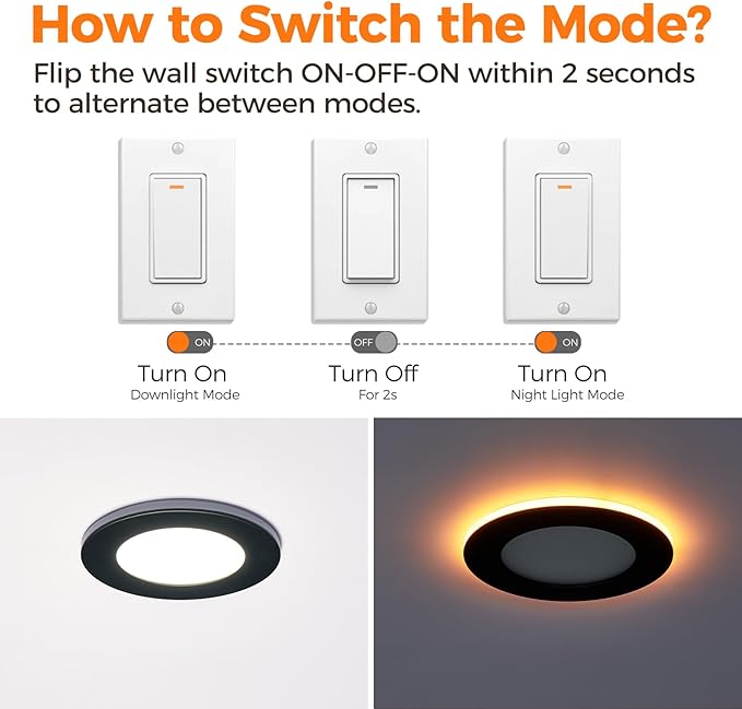 12 Pack Black 6 Inch LED Recessed Ceiling Light with Night Light, 2700K/3000K/3500K/4000K/5000K Selectable, 12W, Dimmable Canless Wafer Downlight, ETL